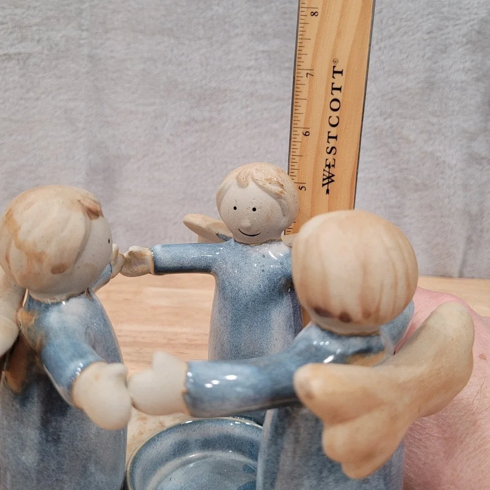 Vintage Angel Candle Holder Porcelain Figurine Blue Winged Cherub 3 Angels